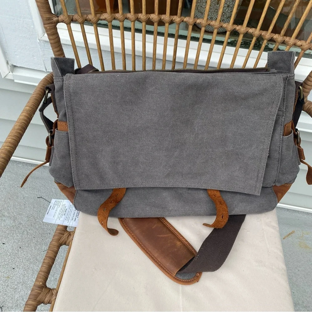 Lifewit Brown Canvas & Leather Satchel Messenger Cross Body Shoulder Bag Grey